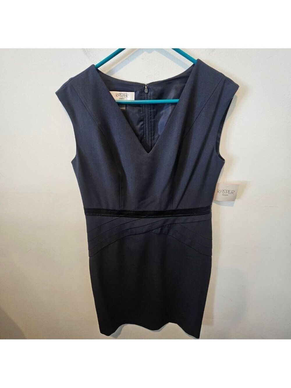 Women's Kasper NWT Dark Slate Dress with Black Faux Leather Trim, Size 10